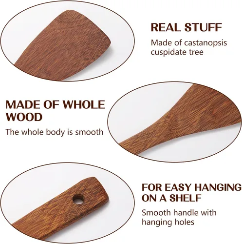 Vista 5 de Espátula de madera para utensilios de cocina antiadherentes, juego de utensilios de madera para cocinar, espátula plana inclinada de mango largo