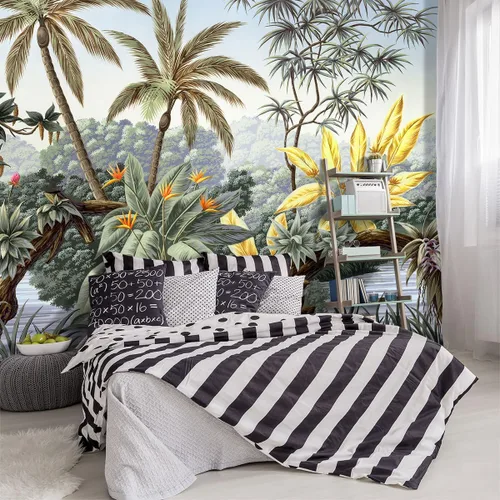 YIHWM - Papel tapiz de tela de hoja de palma botánica tropical para sala de estar, dormitorio, baño, planta de selva tropical, mural de pared