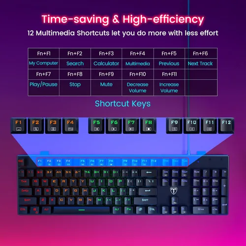 Vista 4 de RisoPhy Teclado mecánico para juegos, RGB de 104 teclas ultradelgado con retroiluminación LED, teclado USB con cable con interruptor rojo, teclas