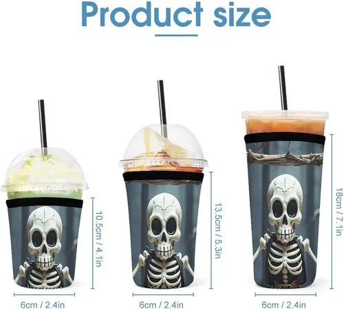 Vista 2 de Skull Reusable Insulated Neoprene Iced Coffee Cup Sleeves 3 Sizes Diving Material Cup Durable Beverage Covers for Cold Coffee Tea Drinks