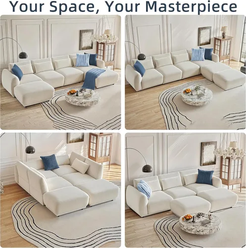 Vista 6 de Sofá seccional, moderno sofá modular en forma de U con otomana, sofá modular modular de nube para sala de estar (beige, juego de 3 + 1 otomano)