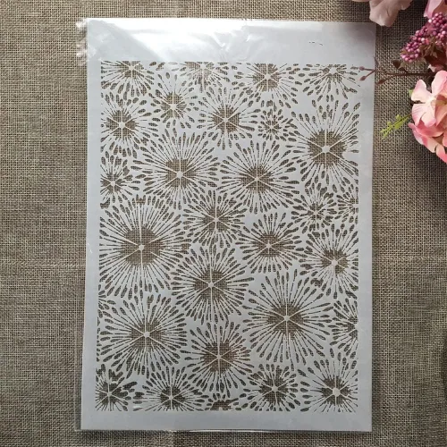 Vista 4 de TIAMECH Plantilla de fuegos artificiales reutilizable A4 para pintar, plantilla de capas de flores, arte de pared de bricolaje, muebles de madera