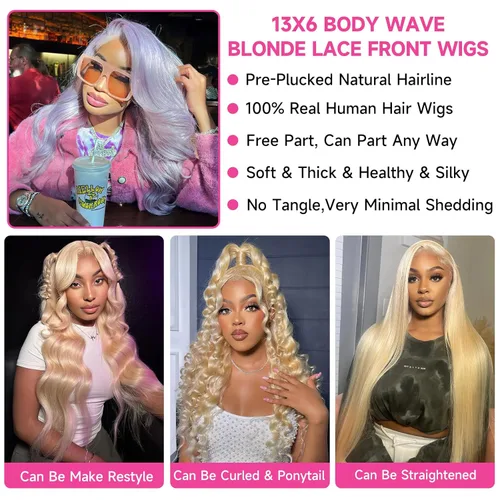 Vista 6 de Pelucas rubias con encaje frontal, cabello humano prearrancado 613 HD, peluca frontal de encaje 13x6, densidad del 180%, peluca de encaje frontal