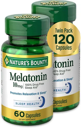 Nature's Bounty Melatonina, promueve la relajación y la salud del sueño, 10 mg, cápsulas, 60 unidades (paquete de 2)