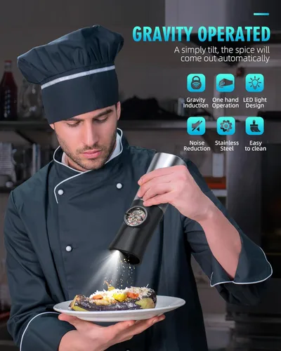 Vista 3 de Gravity - Juego de molinillo eléctrico de sal y pimienta, amoladora automática recargable por USB, gran capacidad, finura ajustable, operación