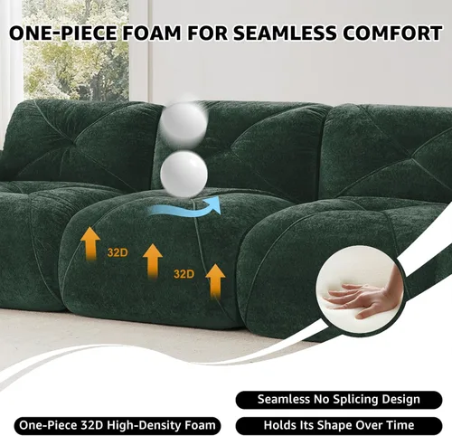 Vista 6 de Sofá de dos plazas seccionales verdes para sala de estar, sofá de tela de terciopelo, sofá modular sin montaje, sofá modular de nube con 2 otomanas