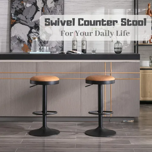 Vista 10 de Taburetes de bar sin espalda, juego de 2 taburetes de bar redondos ajustables para encimera de cocina, taburete giratorio de altura de barra, silla