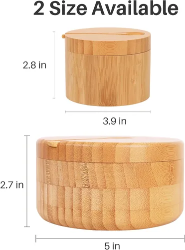 Vista 7 de HTB Recipientes de sal y pimienta de bambú, salero dividido con tapa giratoria y cuchara, recipientes de condimentos con tapa magnética