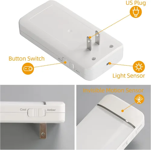 Vista 7 de Dawnrise Luces nocturnas enchufables a la pared, luz nocturna con sensor de movimiento invisible, blanco cálido o frío suave, seleccionable, brillo
