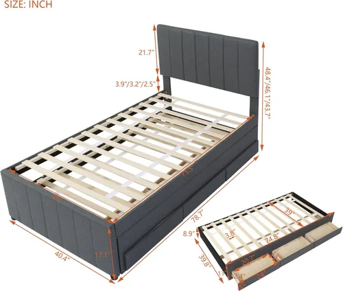Vista 10 de SOFTSEA Cama de plataforma tapizada tamaño Queen con cajón de almacenamiento, marco de cama tapizado con cabecera con respaldo de alas, soporte