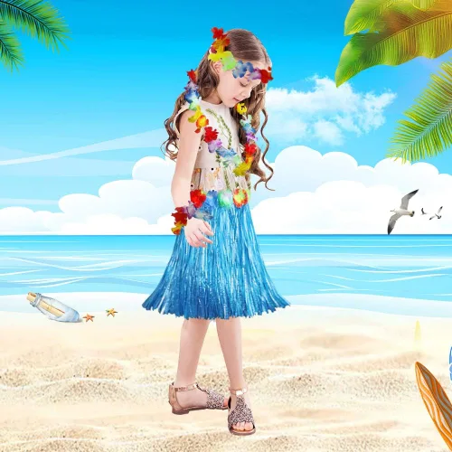 Vista 3 de Fighting to Achieve Girl's Elastic Hawaiian Hula Dancer Grass Skirt with Flower Costume