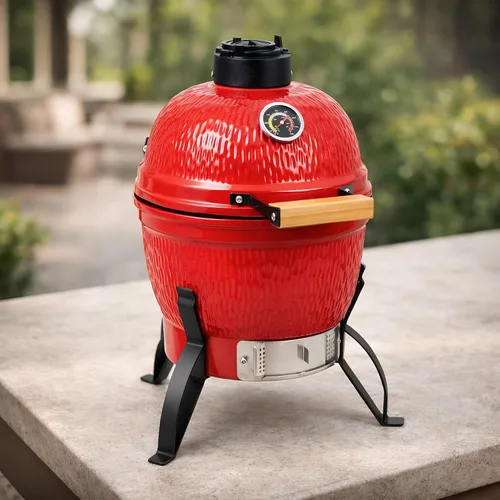 Vista 10 de Parrilla Kamado de 13 pulgadas de ancho con termómetro incorporado, parrilla ovalada con rejillas de hierro fundido, mango de bambú, parrillas