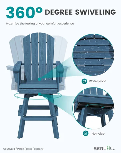 Vista 3 de SERWALL - Silla giratoria Adirondack para bar, silla de balcón giratoria de HDPE Adirondack, silla de altura de bar para exterior para bistró, junto