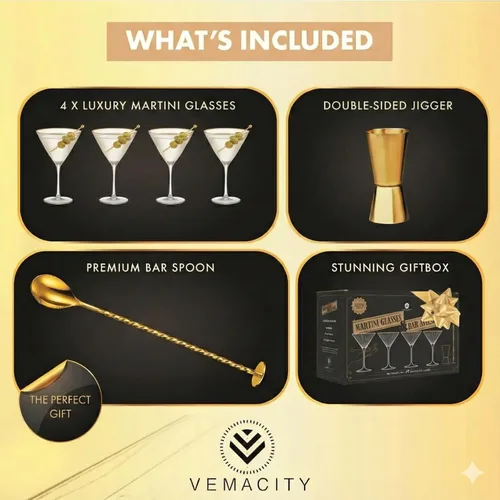 Vista 2 de VEMACITY - Juego de vasos de Martini de café expreso acanalado de 4 a 8 onzas con borde dorado con cuchara de bar y jigger - Para margaritas, cosmos