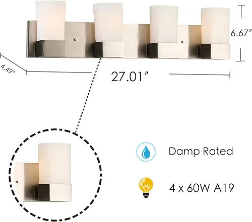 Vista 5 de EGLO Novela - Lámpara de tocador de 4 luces para interiores, aplique de pared regulable LED de vidrio esmerilado para baño con vidrio satinado, 27