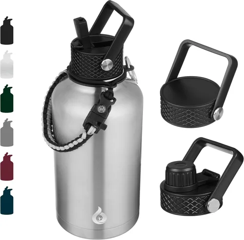 Vista 108 de BJPKPK - Botellas de agua aisladas con tapa con popote, botella grande de metal de 32 onzas con 3 tapas, termo reutilizable sin fugas y sin BPA