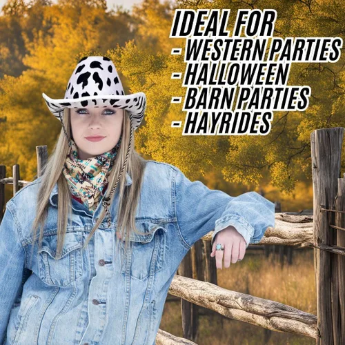 Vista 6 de Beistle Sombreros de vaquero con estampado de vaca, correa ajustable para la barbilla, disfraz de Halloween, fiestas temáticas del salvaje oeste