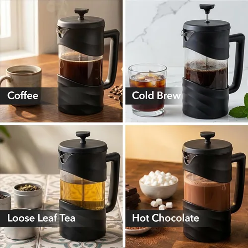 Vista 4 de OVENTE Cafetera de prensa francesa de 12 onzas con vidrio de borosilicato resistente al calor y sistema de filtración de acero inoxidable de 4