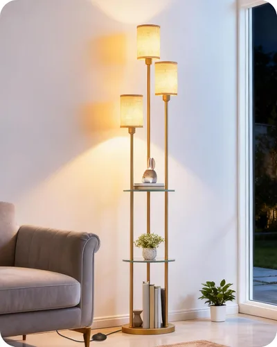 Vista 12 de Lámpara de pie con estantes, lámpara de pie bohemia con interruptor de pie, lámpara de pie de 3 luces, para sala de estar, dormitorio, estudio