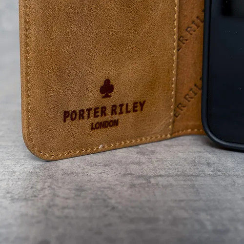Vista 9 de Porter Riley - Funda de cuero para iPhone XR. Funda de piel auténtica con soporte, carterabilletera con ranuras para tarjetas, soporte horizontal