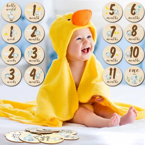 Vista 7 de Tiamon 16 tarjetas mensuales de madera para bebé, discos de marcador de hitos mensuales, círculos de madera de doble cara, letreros de meses