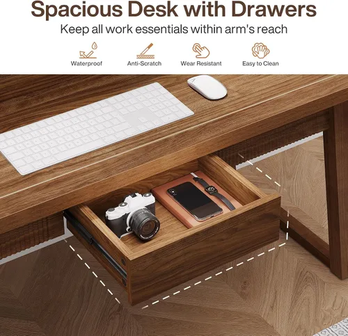 Vista 6 de Tribesigns Escritorio ejecutivo de oficina en casa: Escritorio de computadora de madera de 55 pulgadas con cajón, mesa de escritura moderna