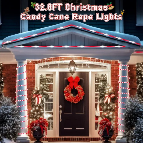 Vista 6 de Hiboom Cuerda de luces de bastón de caramelo de Navidad de 32.8 pies, 8 modos de iluminación al aire libre, impermeable, cuerda de luces de Navidad