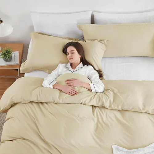 Vista 5 de Hearth & Harbor - Juego de funda de edredón tamaño king color beige crema, 3 piezas, fundas de edredón de felpa doble cepillada con cierre de botón