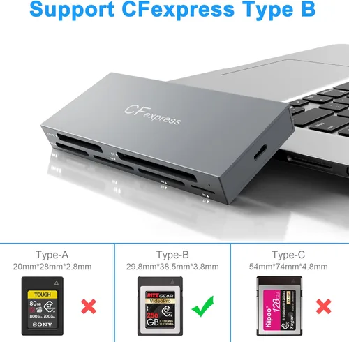 Vista 8 de Lector de tarjetas CFexpress tipo B 8 en 1 con 2 USB de 10 GB, USB 3.2 Gen2 10Gbps CF Express Reader hub para CFexpress tipo B/SD/TF/CF/XD/MS/USB