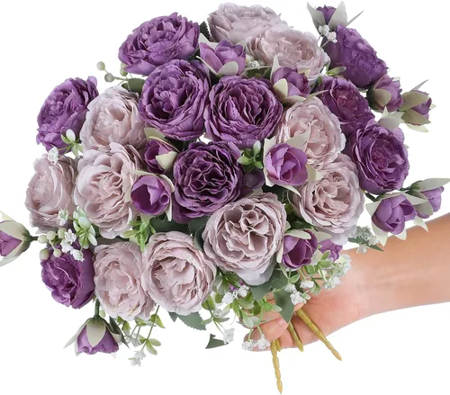 Vista 10 de 2 racimos de flores artificiales de peonía beige, ramo de peonías de seda para bodas, fiestas, centros de mesa, arreglos florales, decoración