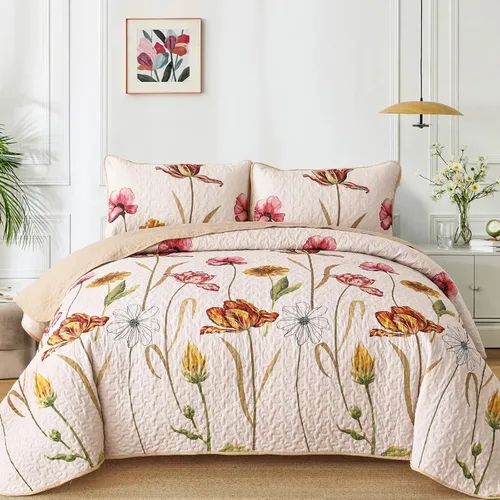 Vista 10 de WONGS BEDDING - Juego de edredón floral tamaño Queen, edredón botánico verde y amarillo con 2 fundas de almohada, juego de ropa de cama ligera