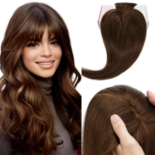 Vista 13 de Elailite Pelucas para mujeres con flequillo, cabello humano real, topper con cabello delgado, 13 cm x 7 cm, base de seda, clip en piezas de cabello