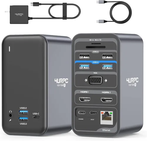 4URPC Estación de acoplamiento USB C con monitor doble, base HDMI USB C doble, estación de acoplamiento para laptop con 2 puertos HDMI, VGA, 7 USB,