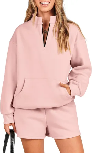 ANRABESS Conjunto deportivo de 2 piezas para mujer, sudadera de cuello con media cremallera y pantalón corto, conjunto de ropa de descanso