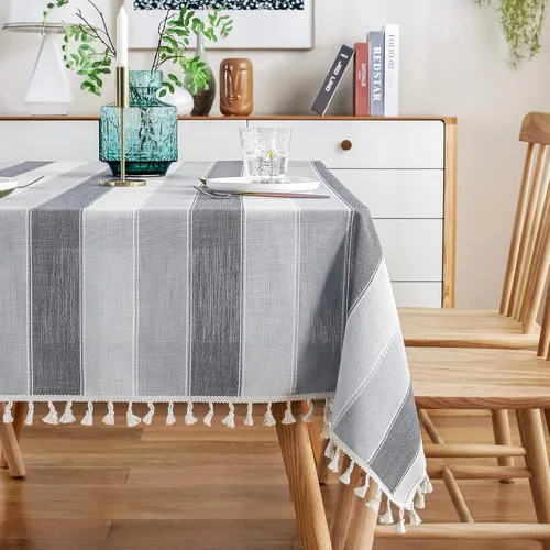 Vista 9 de AmHoo Mantel rectangular con borlas a rayas para mesa de cocina y comedor, 55 x 55 pulgadas, color verde azulado