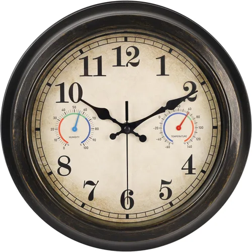 Vista 10 de Reloj de 12 Pulgadas para Exteriores con Termómetro e Higrómetro Combo, Reloj de Pared Impermeable para Interiores y Exteriores para Patio, Piscina