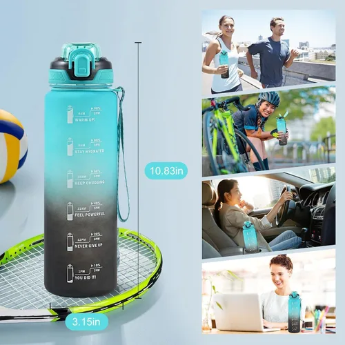 Vista 5 de Botella de agua con popote de 1 litro, botellas de agua para niños con popote de 1 litro, botella de agua deportiva a prueba de fugas, botellas