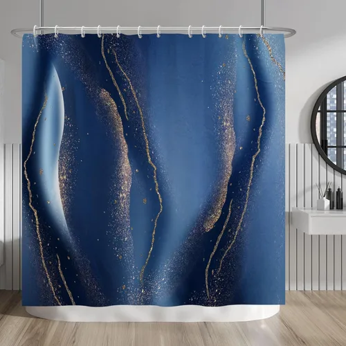 Vista 57 de Baocicco Cortina de ducha de mármol azul abstracto a rayas, decorativa, textura de lujo, línea moderna, decoración de acuarela, juego de cortinas