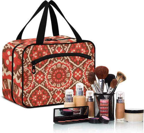 Vista 6 de Boho Red Vintage Flowers hanging toiletry bag men with hook, designer expandable hanging makeup bag for essentials for women toilet bolso