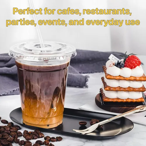 Vista 6 de Plastic Clear Cups [12 oz] with Lids and Straws [10 Set] Disposable Cold Beverage Drinking Iced Coffee Water Juice Tea Party Travel Cafe School