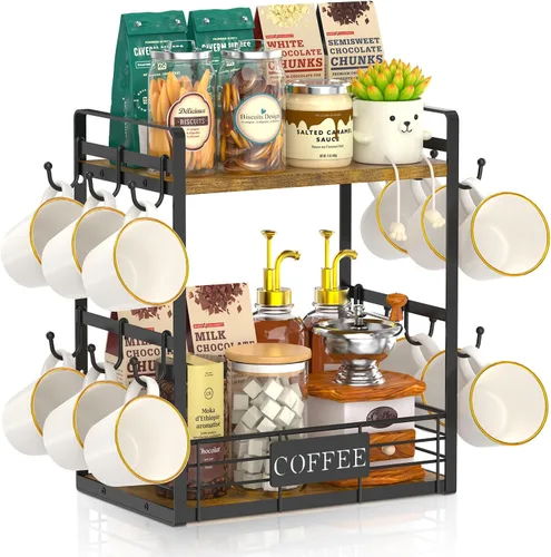 EsLuker.ly Soporte para tazas de café, organizador de estación de barra de árbol, soporte para tazas de 2 niveles para encimera de cocina, estante