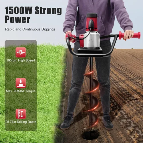 Vista 2 de Excavadora de agujeros para postes de 1500 W, 1.6 HP perforadora eléctrica con broca de 4 y 6 pulgadas y varilla de extensión, taladro de excavación