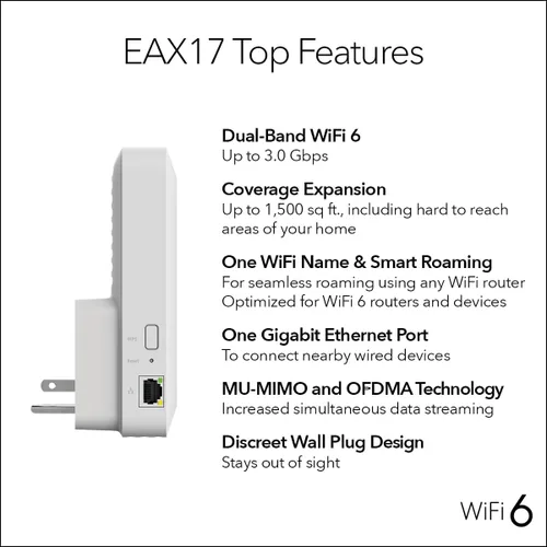 Vista 6 de NETGEAR Extensor de alcance WiFi 6 (EAX17) - Amplificador y repetidor de señal inalámbrica de doble banda AX3000 (hasta 3.0 Gbps de velocidad)