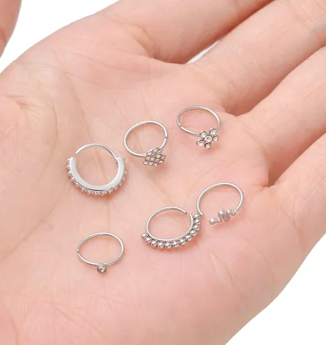 Vista 5 de Akeoqi 29 aros de nariz de 0.71 oz, aros de nariz de acero inoxidable, forma de tornillo de hueso en L, circonita cúbica, mariposa, serpiente