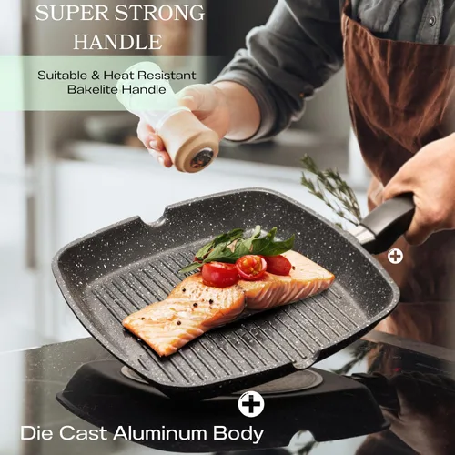 Vista 21 de Moss & Stone Sartén antiadherente de 12 pulgadas para cocinar en interiores, sartén de aluminio fundido para estufa e inducción, apta