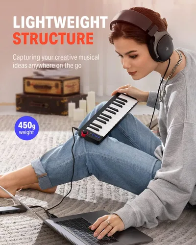 Vista 6 de Donner Mini Teclado MIDI, N-25 Controlador MIDI de 25 Teclas para Principiantes con Mini Teclas Sensibles a la Velocidad, Interruptor de Iluminación