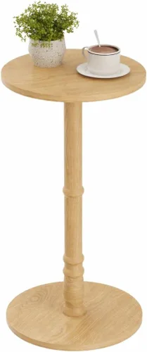 Vista 11 de Mesa auxiliar redonda, pilar de madera maciza con parte superior y base de madera, pequeña mesa de acento para bebidas para sala de estar, Negro