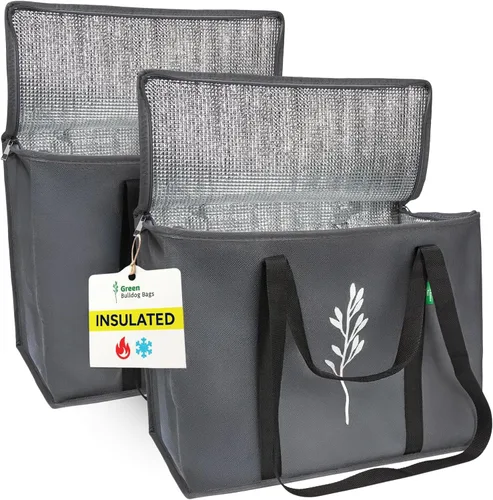 Green Bulldog Paquete de 2 Bolsas Aisladas para Comestibles – Bolsas Refrigeradoras Plegables Reutilizables con Asas para Uso Diario, Comestibles,