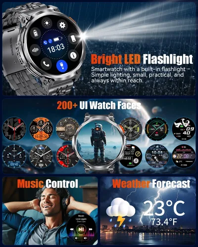 Vista 8 de Military Smart Watches for Men with Bluetooth Call, 1.85" HD Screen Waterproof smartwatch with Flashlight, 114 Sport Modes, 730mAh Heart
