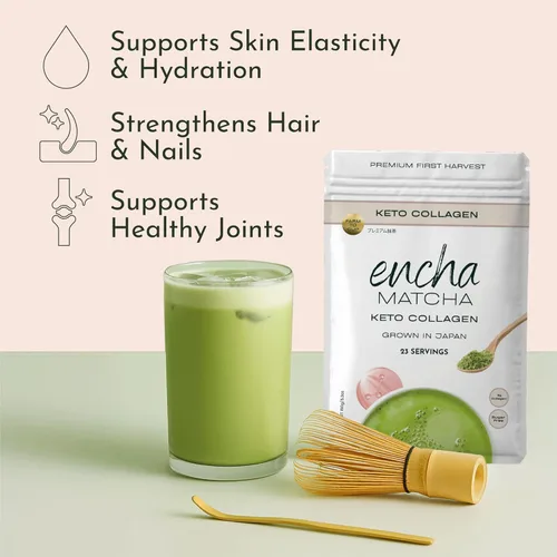 Vista 3 de Encha Matcha Latte Powder - Polvo de colágeno matcha keto con proteínas, primera cosecha, macha japonesa premium, 5.3 onzas